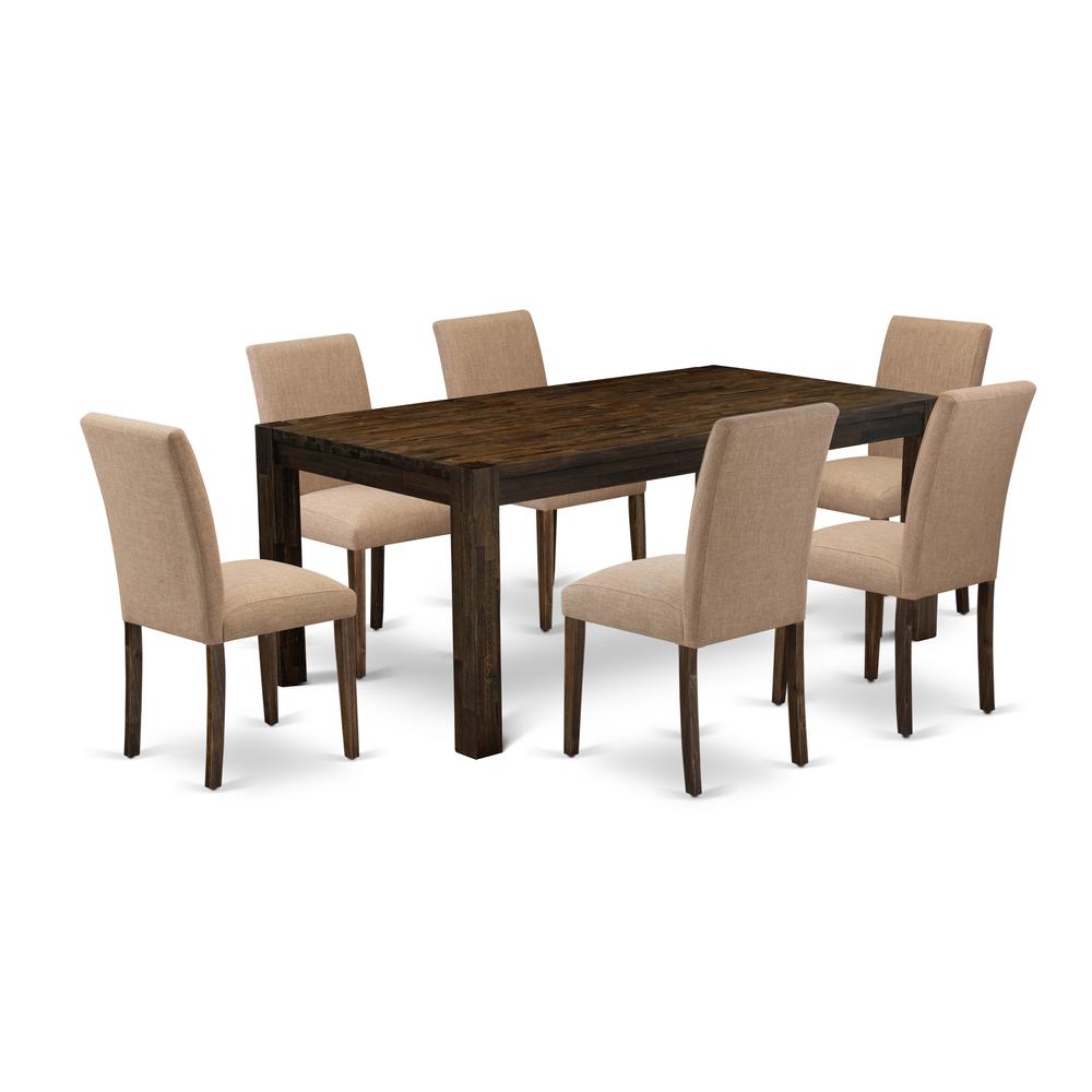 East West Furniture LMAB7-77-47 7Pc Dining Room Table Set Offers a Dinette Table and 6 Parsons Dining Chairs with Light Sable Color Linen Fabric, Medium Size Table with Full Back Chairs, Distressed Ja. Picture 1