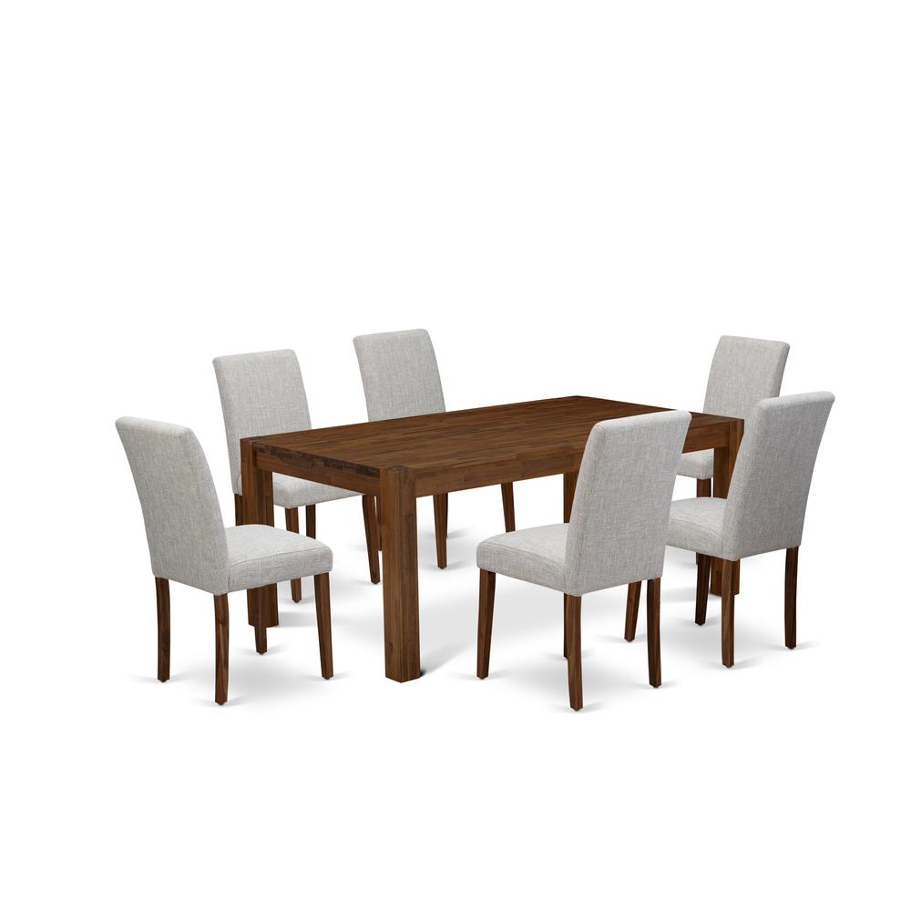 East West Furniture LMAB7-NN-35 7Pc Dining Table Set Consists of a Dining Room Table and 6 Parsons Dining Chairs with Doeskin Color Linen Fabric, Medium Size Table with Full Back Chairs, Sand Blasting. Picture 1