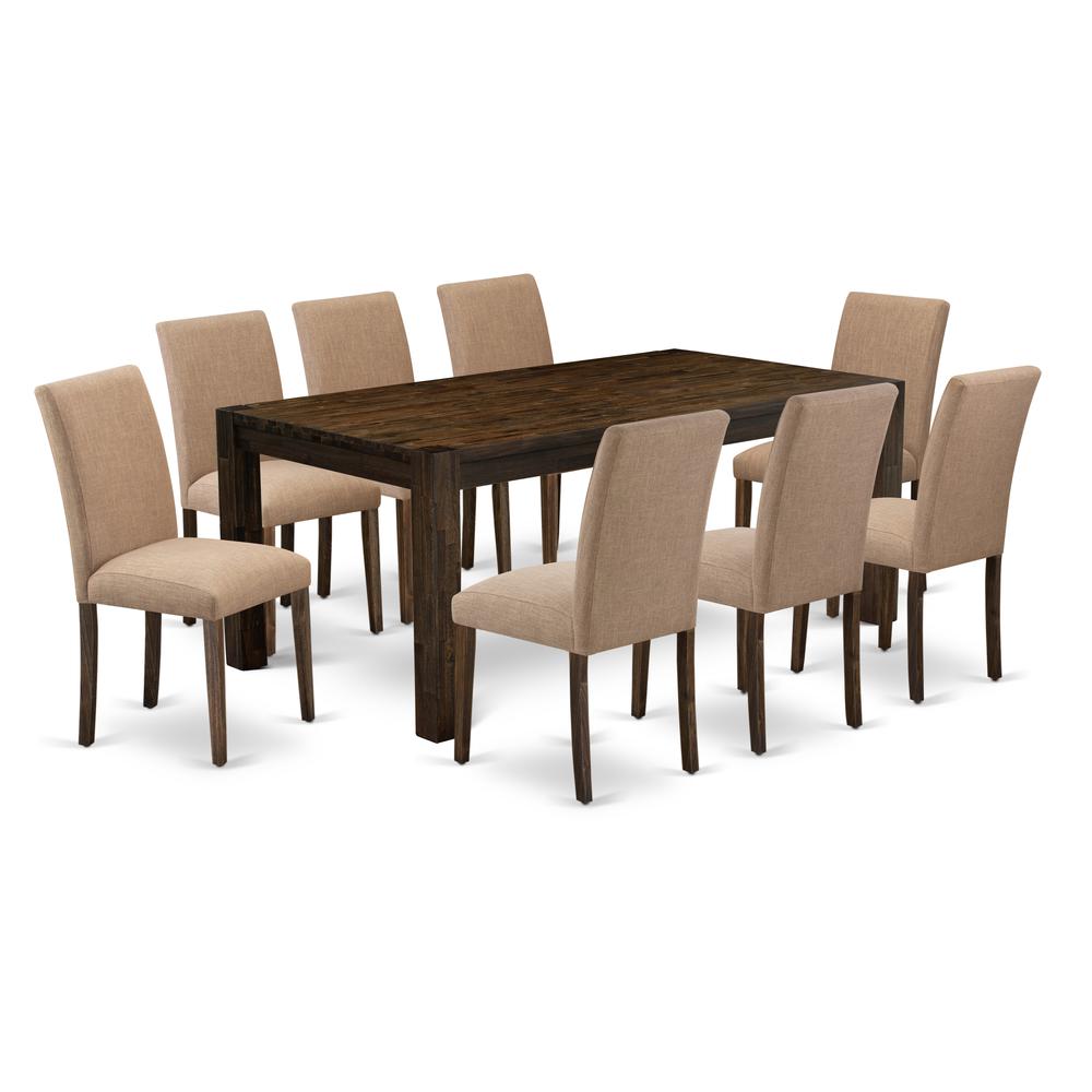 East West Furniture LMAB9-77-47 9Pc Dining Table set Includes a Dining Room Table and 8 Parsons Chairs with Light Sable Color Linen Fabric, Medium Size Table with Full Back Chairs, Distressed Jacobean. Picture 1