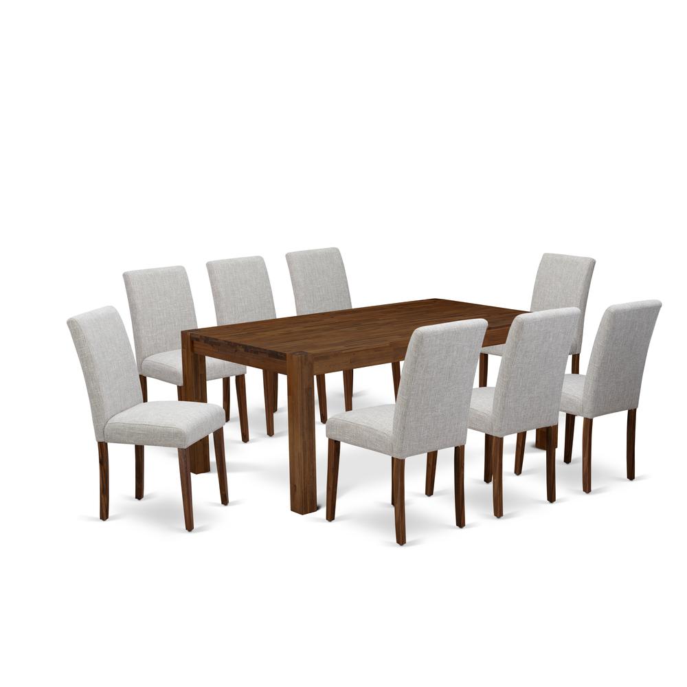 East West Furniture LMAB9-NN-35 9Pc Dining Room Table Set Contains a Dining Room Table and 8 Parson Chairs with Doeskin Color Linen Fabric, Medium Size Table with Full Back Chairs, Sand Blasting Antiq. Picture 1