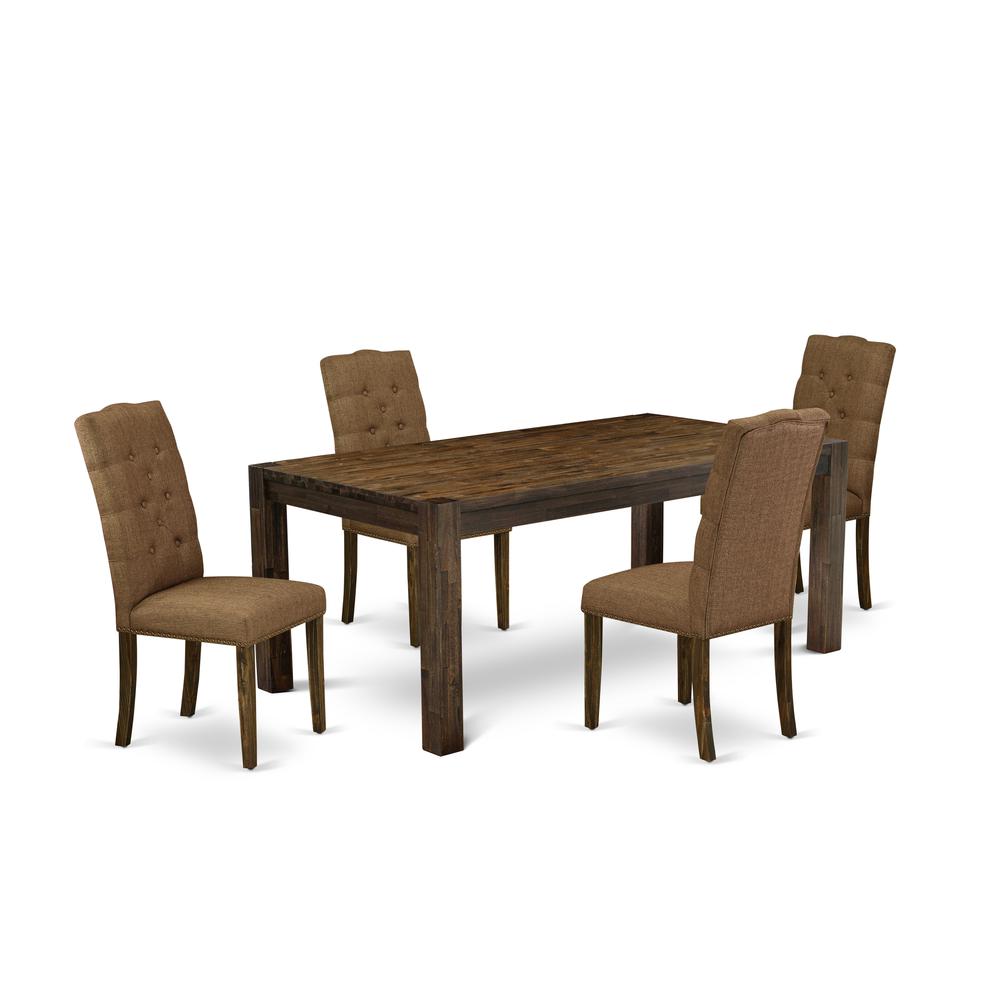 East West Furniture LMEL5-77-18 5-Piece Dining Room Table Set- 4 Upholstered Dining Chairs with Brown Beige Linen Fabric Seat and Button Tufted Chair Back and Rectangular Table Top & Wooden 4 Legs - D. Picture 1