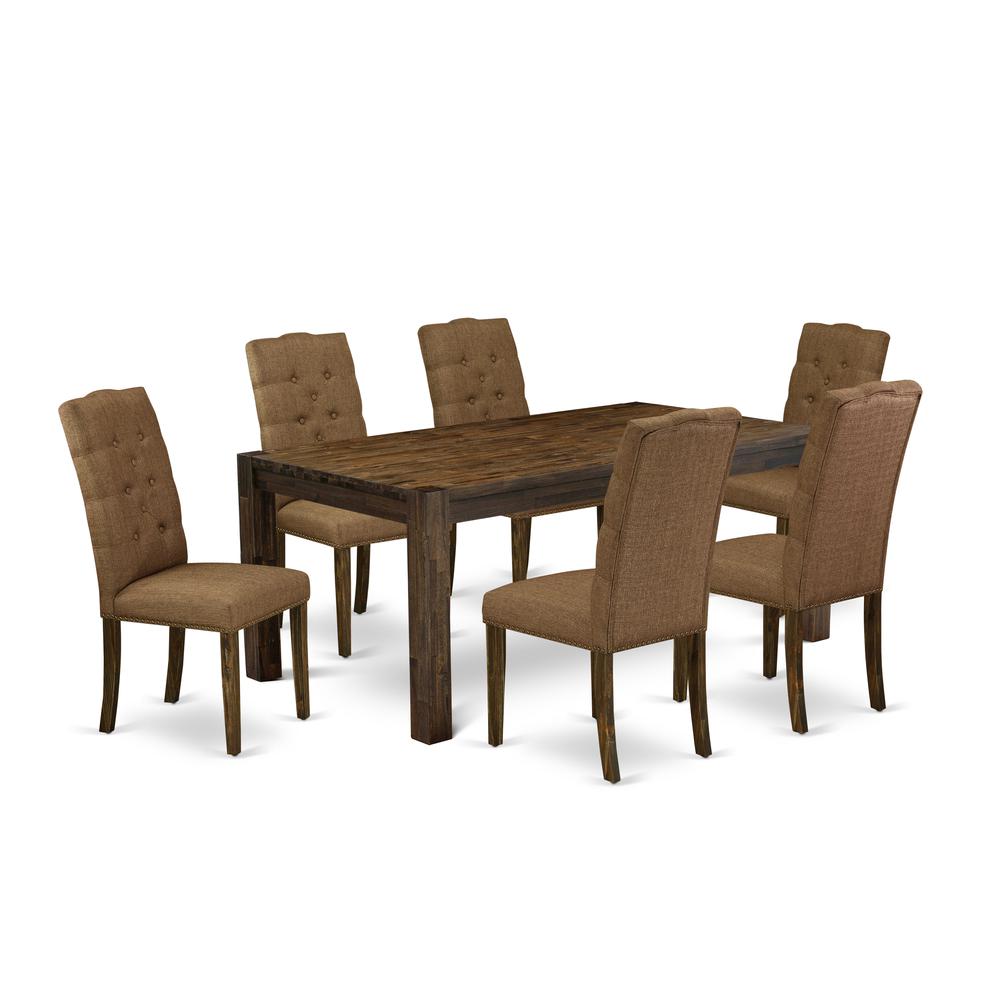 East West Furniture LMEL7-77-18 7-Pc Modern Dining Set- 6 Upholstered Dining Chairs with Brown Beige Linen Fabric Seat and Button Tufted Chair Back - Rectangular Table Top & Wooden 4 Legs - Distressed. Picture 1