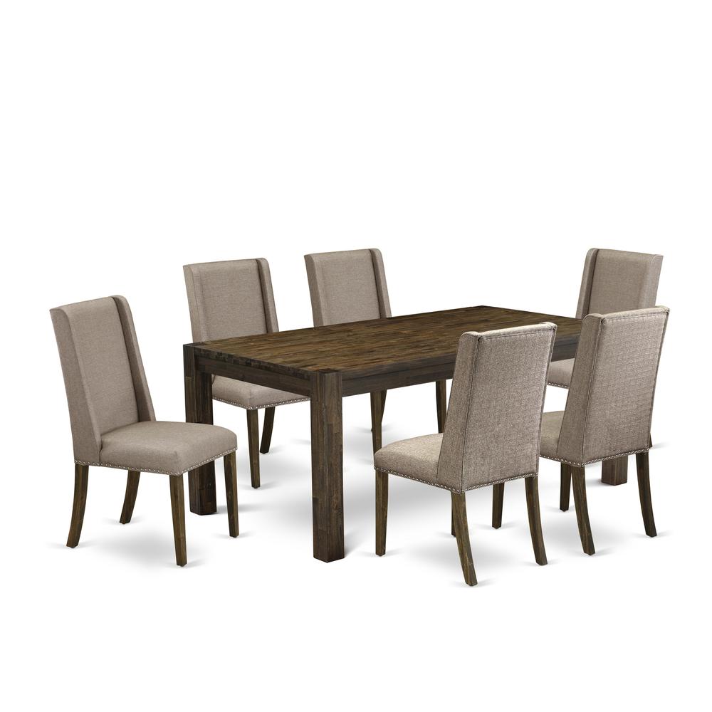East West Furniture LMFL7-77-16 7-Pc Dining Table Set- 6 Kitchen Chairs with Dark Khaki Linen Fabric Seat and Stylish Chair Back - Rectangular Table Top & Wooden 4 Legs - Distressed Jacobean Finish. Picture 1