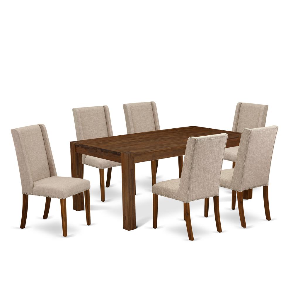 East West Furniture LMFL7-N8-04 7-Piece Dining Set- 6 Dining CHAIR with Clay Linen Fabric Seat and Stylish Chair Back - Rectangular Table Top & Wooden 4 Legs - Antique Walnut Finish. Picture 1