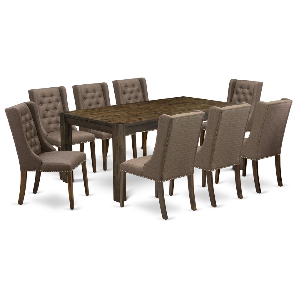 East West Furniture LMFO9-N8-18 9-Pc Dining Table Set Includes 1 Modern Rectangular Dining Table and 8 Brown Linen Fabric Parson Dining Chairs with Button Tufted Back - Antique Walnut Finish. Picture 1