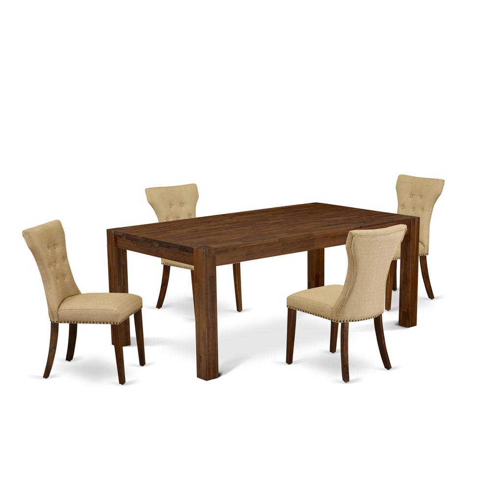 East West Furniture LMGA5-N8-03 5-Pc Dining Table Set- 4 Mid Century Dining Chairs with Brown Linen Fabric Seat and Button Tufted Chair Back and Modern Rectangular Table Top & Wooden 4 Legs - Antique. Picture 1