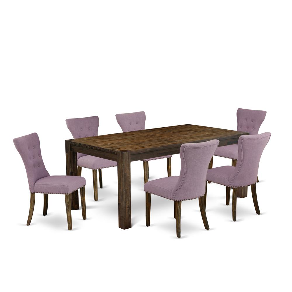 East West Furniture LMGA7-77-40 7-Piece Dining Room Table Set- 6 Kitchen Chairs with Dahlia Linen Fabric Seat and Button Tufted Chair Back - Rectangular Table Top & Wooden 4 Legs - Distressed Jacobean. Picture 1