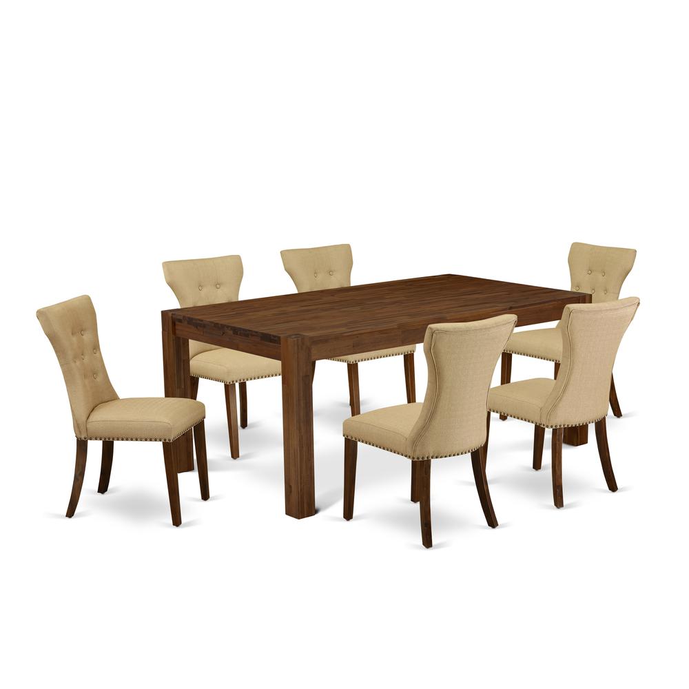 East West Furniture LMGA7-N8-03 7-Piece Dinette Set- 6 Dining Chair with Brown Linen Fabric Seat and Button Tufted Chair Back - Rectangular Table Top & Wooden 4 Legs - Antique Walnut Finish. Picture 1