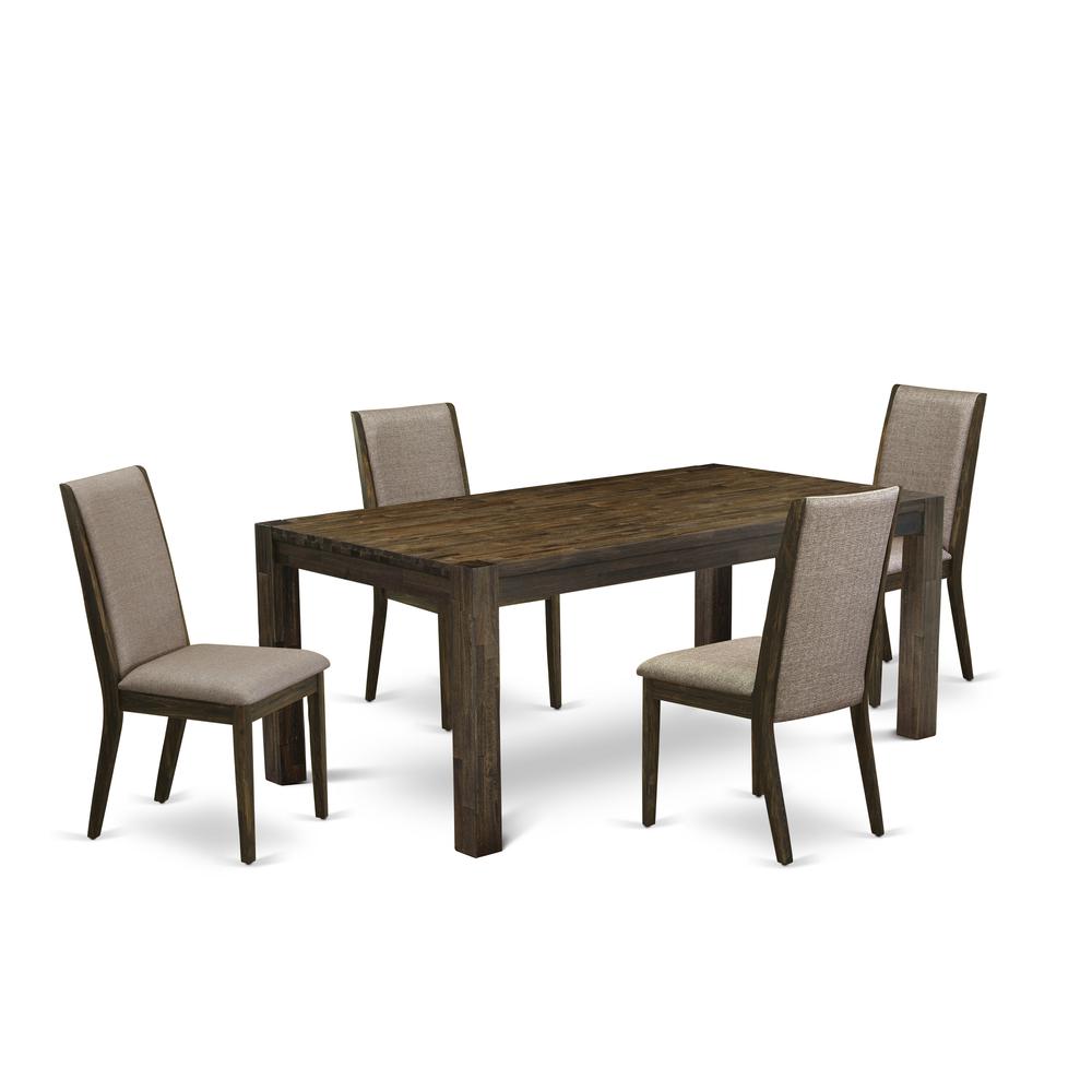 East West Furniture LMLA5-77-16 5-Pc Modern Dining Table Set- 4 Upholstered Dining Chairs with Dark Khaki Linen Fabric Seat and Stylish Chair Back - Rectangular Table Top & Wooden 4 Legs - Distressed. Picture 1