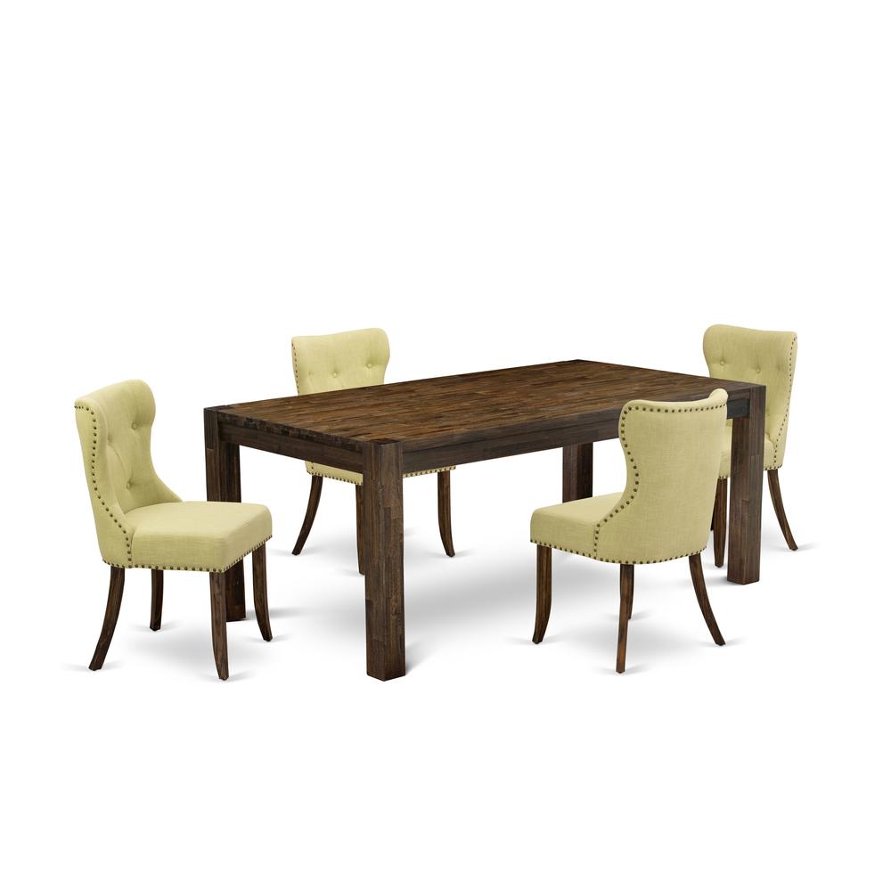 East West Furniture LMSI5-77-37 5-Piece Dining Table Set- 4 Mid Century Dining Chairs with Limelight Linen Fabric Seat and Button Tufted Chair Back - Rectangular Table Top & Wooden 4 Legs - Distressed. Picture 1
