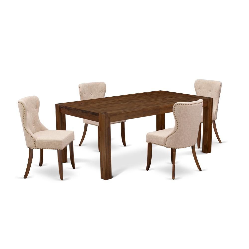 East West Furniture LMSI5-N8-04 5-Piece Dining Room Set- 4 Dining Chairs with Light Tan Linen Fabric Seat and Button Tufted Chair Back - Rectangular Top & Wooden 4 Legs - Antique Walnut Finish. The main picture.