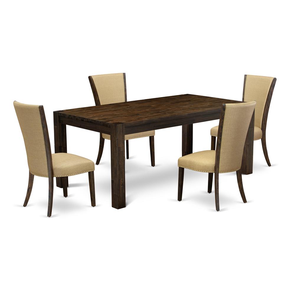 East West Furniture - LMVE5-77-03 - 5-Pc Dining Room Table Set- 4 Parson Dining Chairs and Modern Dining Table - Brown Linen Fabric Seat and Stylish Chair Back - Distressed Jacobean Finish. Picture 1