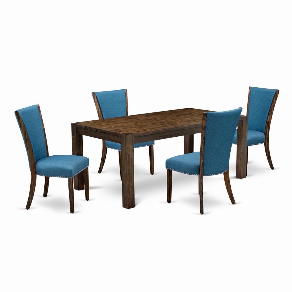East West Furniture - LMVE5-77-21 - 5-Pc Dining Table Set- 4 Upholstered Dining Chairs and Kitchen Dining Table - Blue Linen Fabric Seat and High Chair Back - Distressed Jacobean Finish. Picture 1