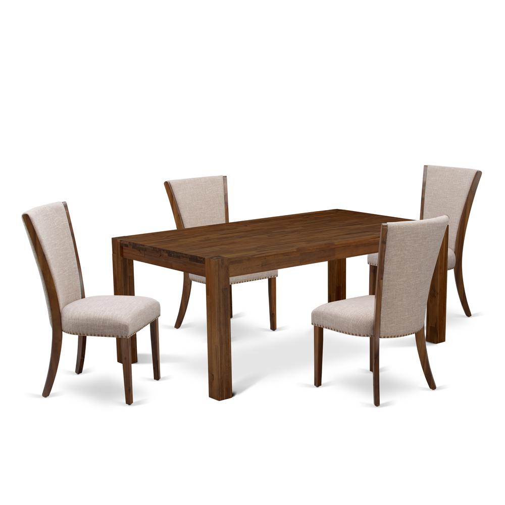 East West Furniture - LMVE5-N8-04 - 5-Pc dining room table Set- 4 Upholstered Dining Chairs and Wood Dining Table - Light Tan Linen Fabric Seat and High Chair Back - Antique Walnut Finish. Picture 1