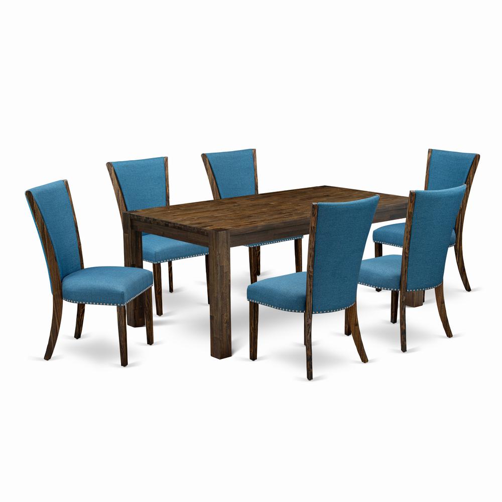 East West Furniture - LMVE7-77-21 - 7-Pc Dining Room Table Set- 6 Kitchen Parson Chairs and Rectangular Table - Blue Linen Fabric Seat and High Chair Back - Distressed Jacobean Finish. Picture 1