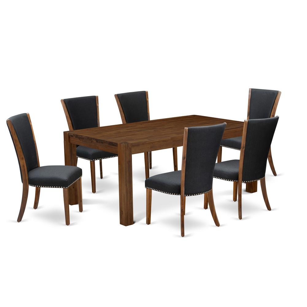 East West Furniture - LMVE7-N8-24 - 7-Pc Kitchen Dining Room Set- 6 Parson Dining Chairs and Dining Table - Black Linen Fabric Seat and High Chair Back - Antique Walnut Finish. Picture 1