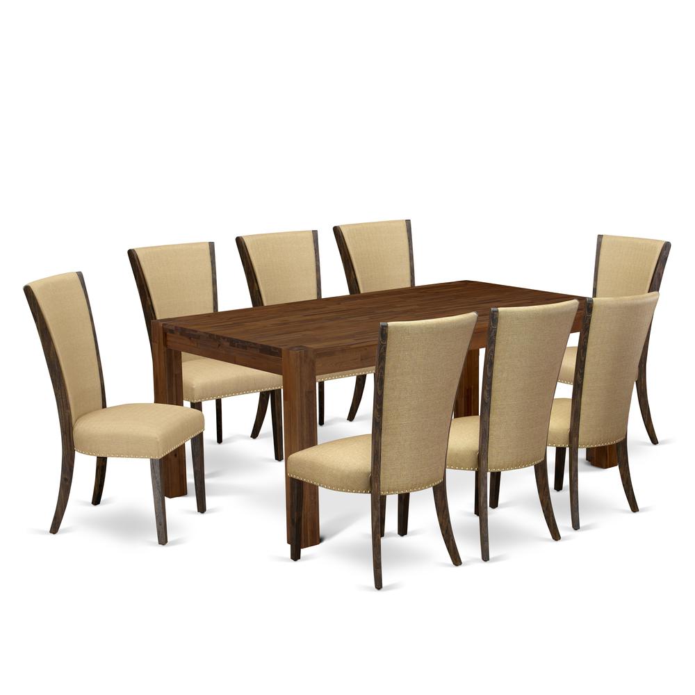 East West Furniture LMVE9-77-03 9Pc Kitchen Table Set Contains a Dining Room Table and 8 Parsons Dining Chairs with Brown Color Linen Fabric, Distressed Jacobean Finish. Picture 1