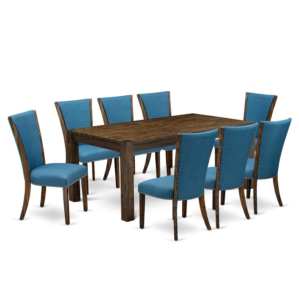 East West Furniture LMVE9-77-21 9Pc Modern Dining Table Set Includes a Dining Table and 8 Parsons Chairs with Blue Color Linen Fabric, Distressed Jacobean Finish. Picture 1