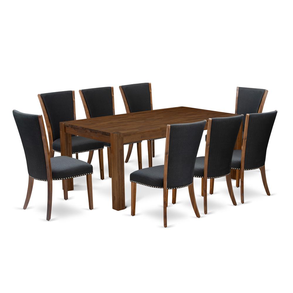 East West Furniture LMVE9-N8-24 9Pc Dinette Set Contains a Wood Table and 8 Parsons Dining Chairs with Black Color Linen Fabric, Sand Blasting Antique Walnut Finish. Picture 1