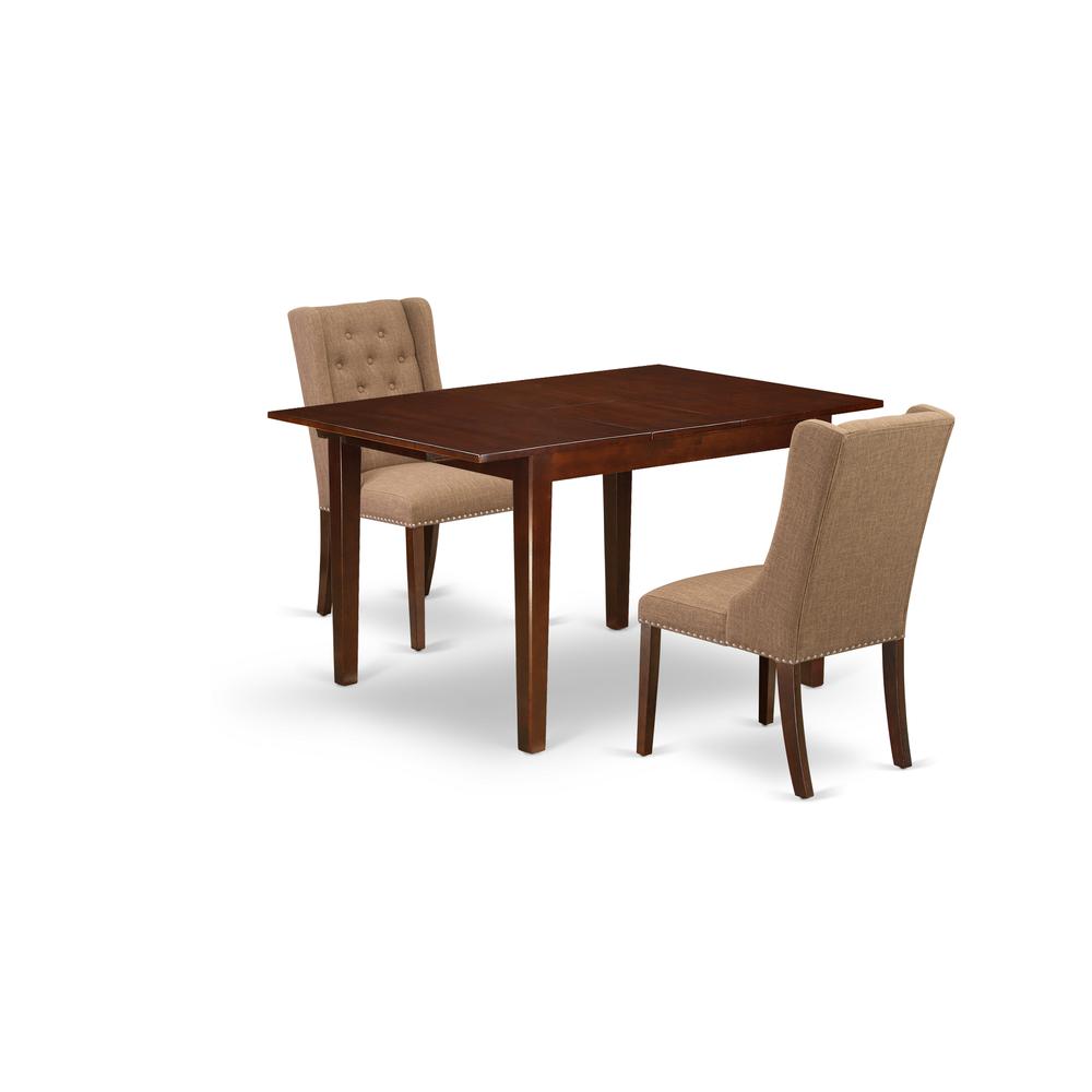East West Furniture MLFO3-MAH-47 3Pc Kitchen Dining Set Includes 1 Butterfly Leaf Rectangular Dining Table and 2 Light Sable Linen Fabric Parson Dining Chairs with Button Tufted Back - Mahogany Finish. Picture 1