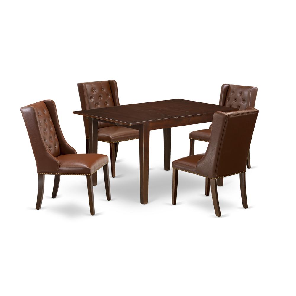 East West Furniture MLFO5-MAH-46 5-Pc Dinette Room Set Includes 1 Butterfly leaf Rectangular Dining Table and 4 Brown Linen Fabric Padded Parson Chair with Button Tufted Back - Mahogany Finish. Picture 1