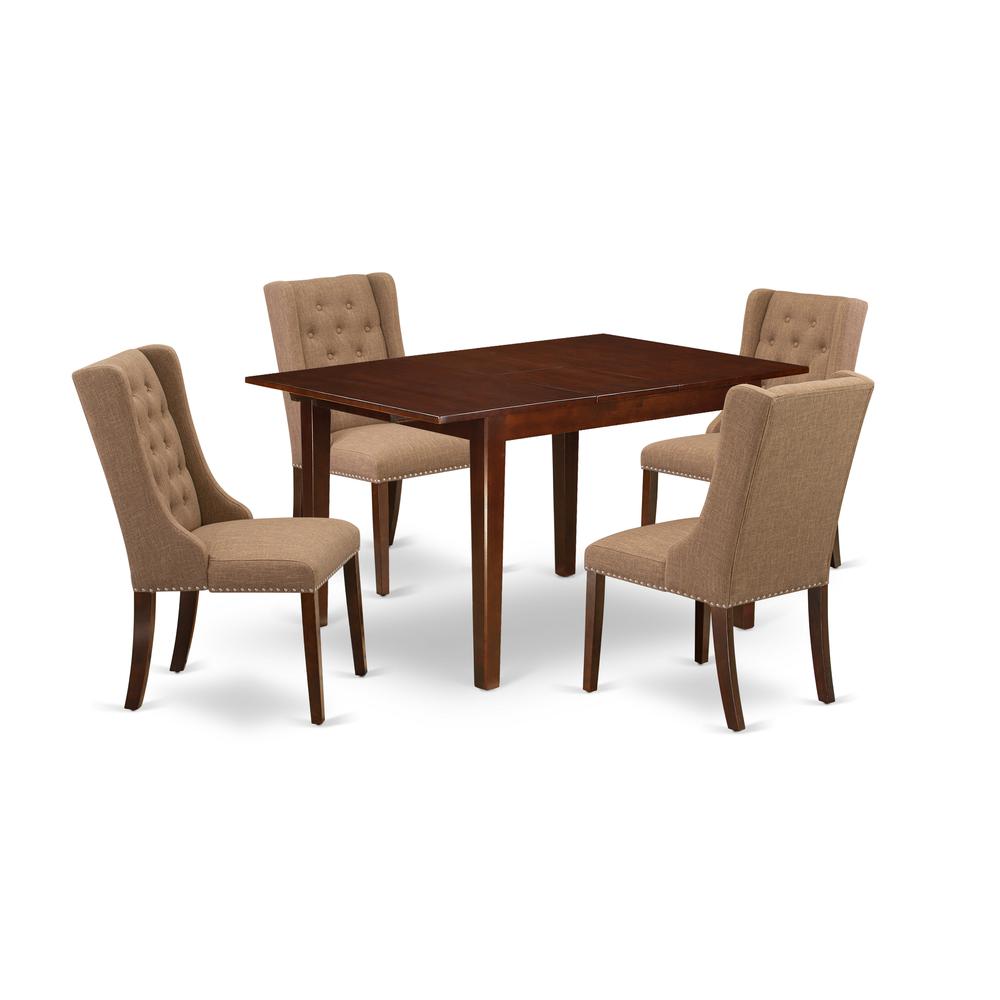 East West Furniture MLFO5-MAH-47 5-Piece Dinette Set Includes 1 Butterfly Leaf Rectangular Kitchen Table and 4 Light Sable Linen Fabric Parson Dining Chairs with Button Tufted Back - Mahogany Finish. Picture 1