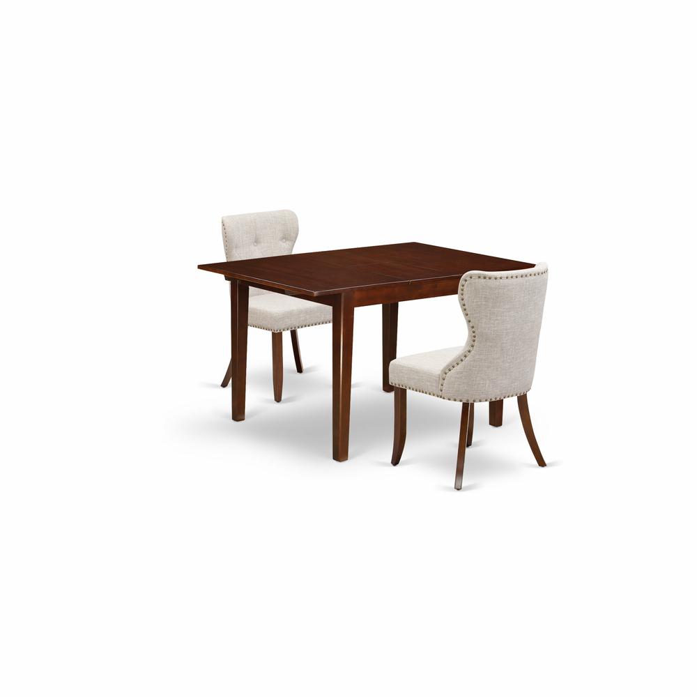 East-West Furniture MLSI3-MAH-35 - A dining set of two amazing parson chairs using Linen Fabric Doeskin color and a wonderful 12" butterfly leaf rectangle dining table in Mahogany Finish. Picture 1
