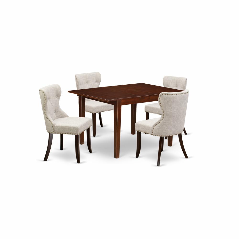 East-West Furniture MLSI5-MAH-35 - A dining set of 4 fantastic kitchen chairs with Linen Fabric Doeskin color and a stunning mid-century dining table in Mahogany Finish. Picture 1