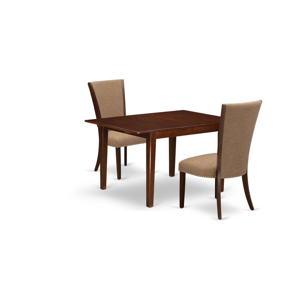 East-West Furniture MLVE3-MAH-47 - A kitchen dining table set of two fantastic kitchen chairs using Linen Fabric Light Sable color and an attractive 12 butterfly leaf rectangle kitchen table in Mahog". Picture 1