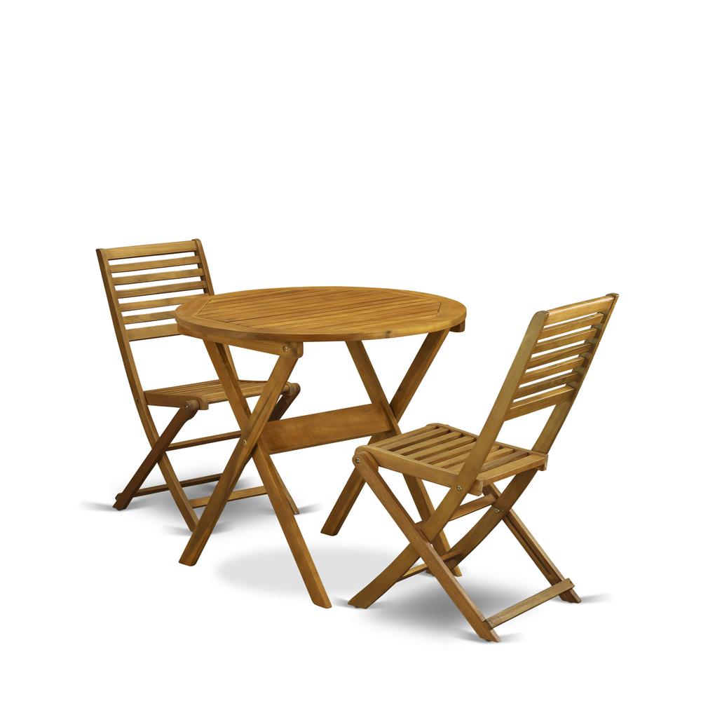 East West Furniture 3-Pc Patio Table Set Consists of a Wooden Folding Table and 2 Folding Patio Chairs Ideal for Garden, Terrace, Bistro, and Porch - Natural Oil Finish. Picture 2