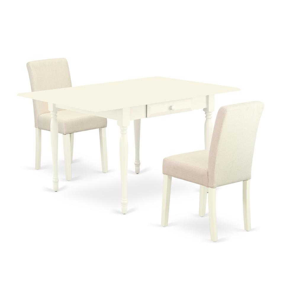 1MZAB3-LWH-02 3Pc Dining Room Table Set Consists of a Wood Dining Table and 2 Upholstered Dining Chairs with Light Beige Color Linen Fabric, Drop Leaf Table with Full Back Chairs, Linen White Finish. Picture 1