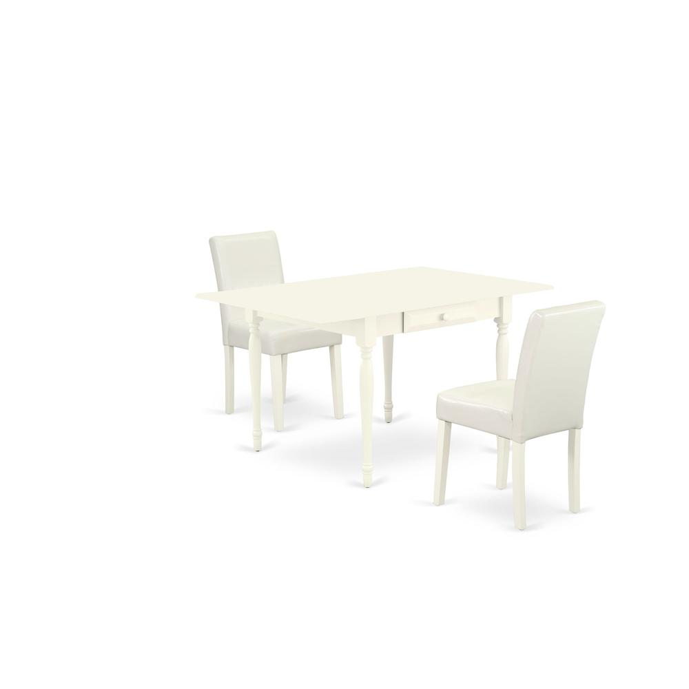 1MZAB3-LWH-64 3Pc Dining Table Set for 2 Includes a Small Dining Table and 2 Parsons Chairs with White Color PU Leather, Drop Leaf Table with Full Back Chairs, Linen White Finish. Picture 2