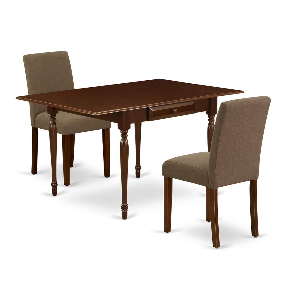 1MZAB3-MAH-18 3Pc Dining Table Set Includes a Dining Table and 2 Parson Chairs with Coffee Color Linen Fabric, Drop Leaf Table with Full Back Chairs, Mahogany Finish. Picture 2
