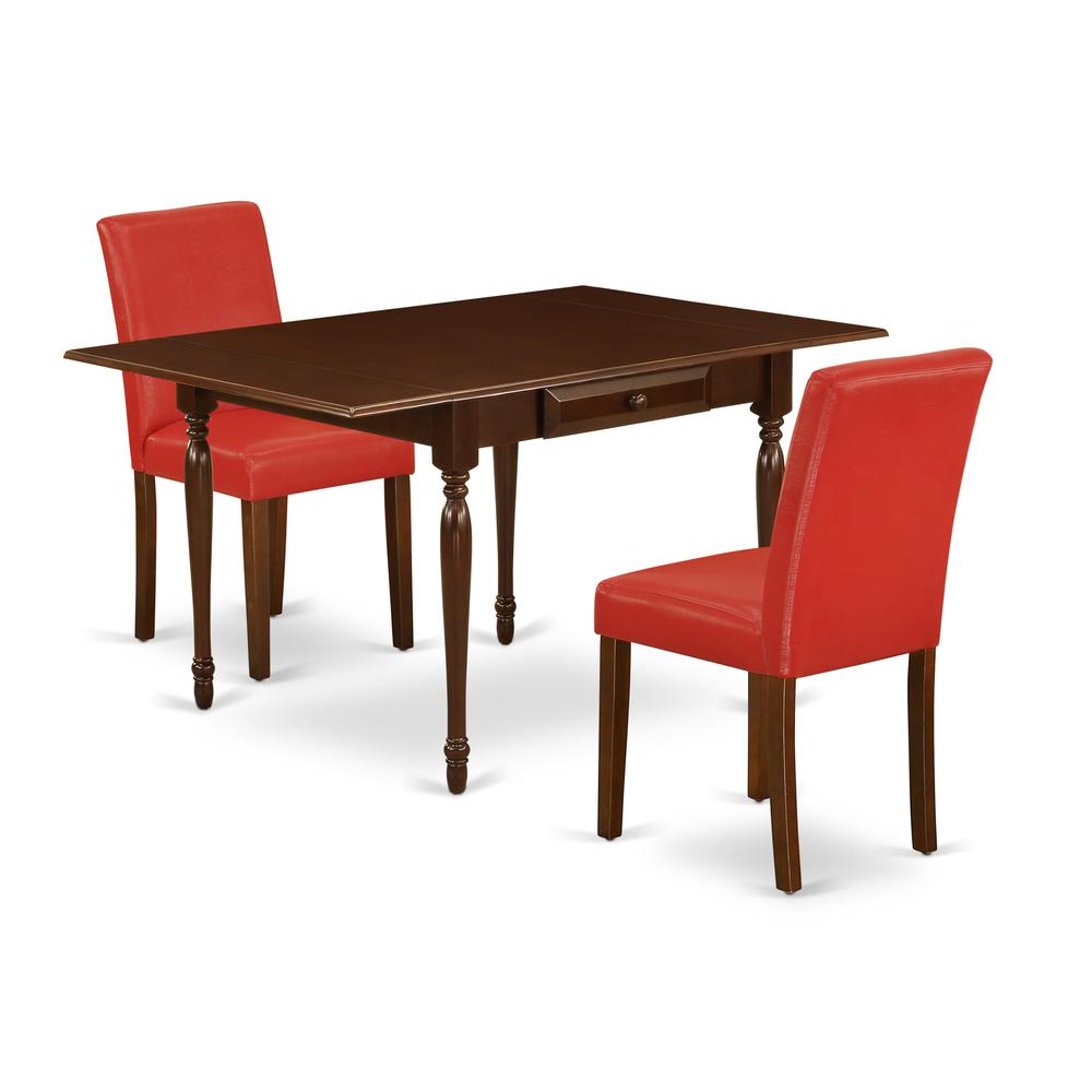 1MZAB3-MAH-72 3Pc Dinette Sets for Small Spaces Consists of a Wood Dining Table and 2 Parsons Dining Chairs with Firebrick Red Color PU Leather, Drop Leaf Table with Full Back Chairs, Mahogany Finish. Picture 2
