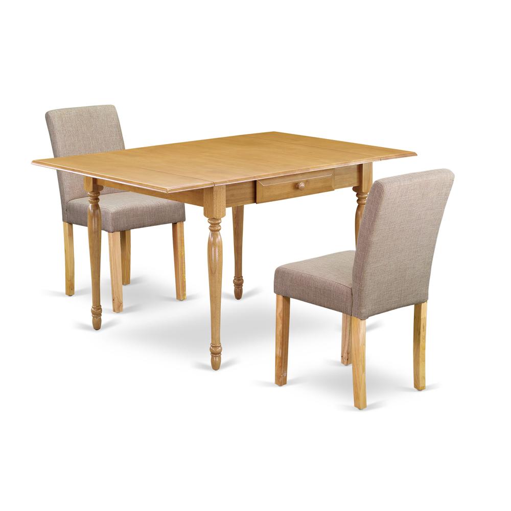1MZAB3-OAK-04 3Pc Dinette Set Contains a Small Dining Table and 2 Parsons Dining Chairs with Light Fawn Color Linen Fabric, Drop Leaf Table with Full Back Chairs, Oak Finish. Picture 2