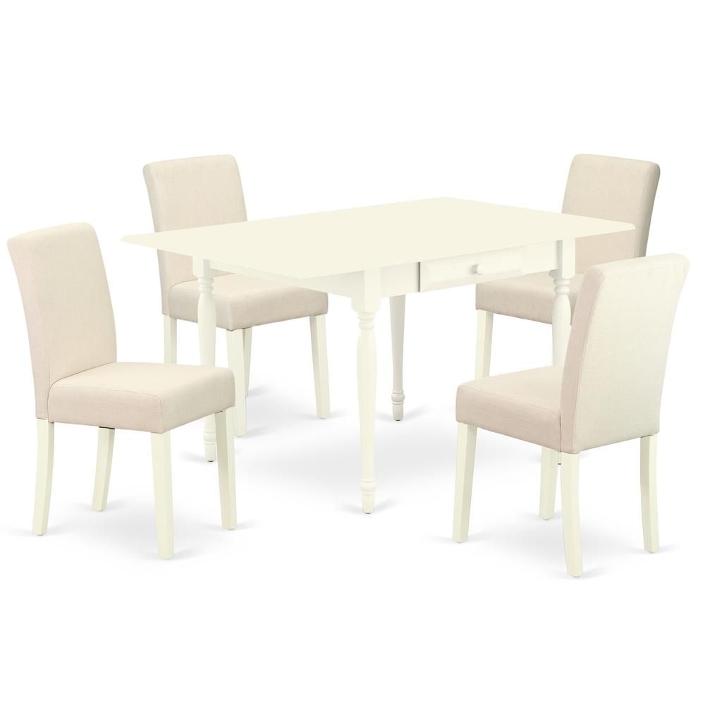 1MZAB5-LWH-02 5Pc Kitchen Set Consists of a Modern Dining Table and 4 Parson Chairs with Light Beige Color Linen Fabric, Drop Leaf Table with Full Back Chairs, Linen White Finish. Picture 2