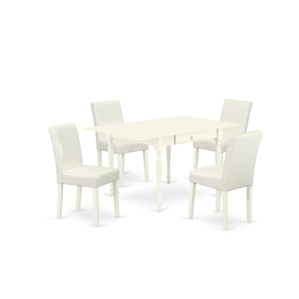 1MZAB5-LWH-64 5Pc Wood Dining Table Set Consists of a Dining Table and 4 Parsons Dining Chairs with White Color PU Leather, Drop Leaf Table with Full Back Chairs, Linen White Finish. Picture 2