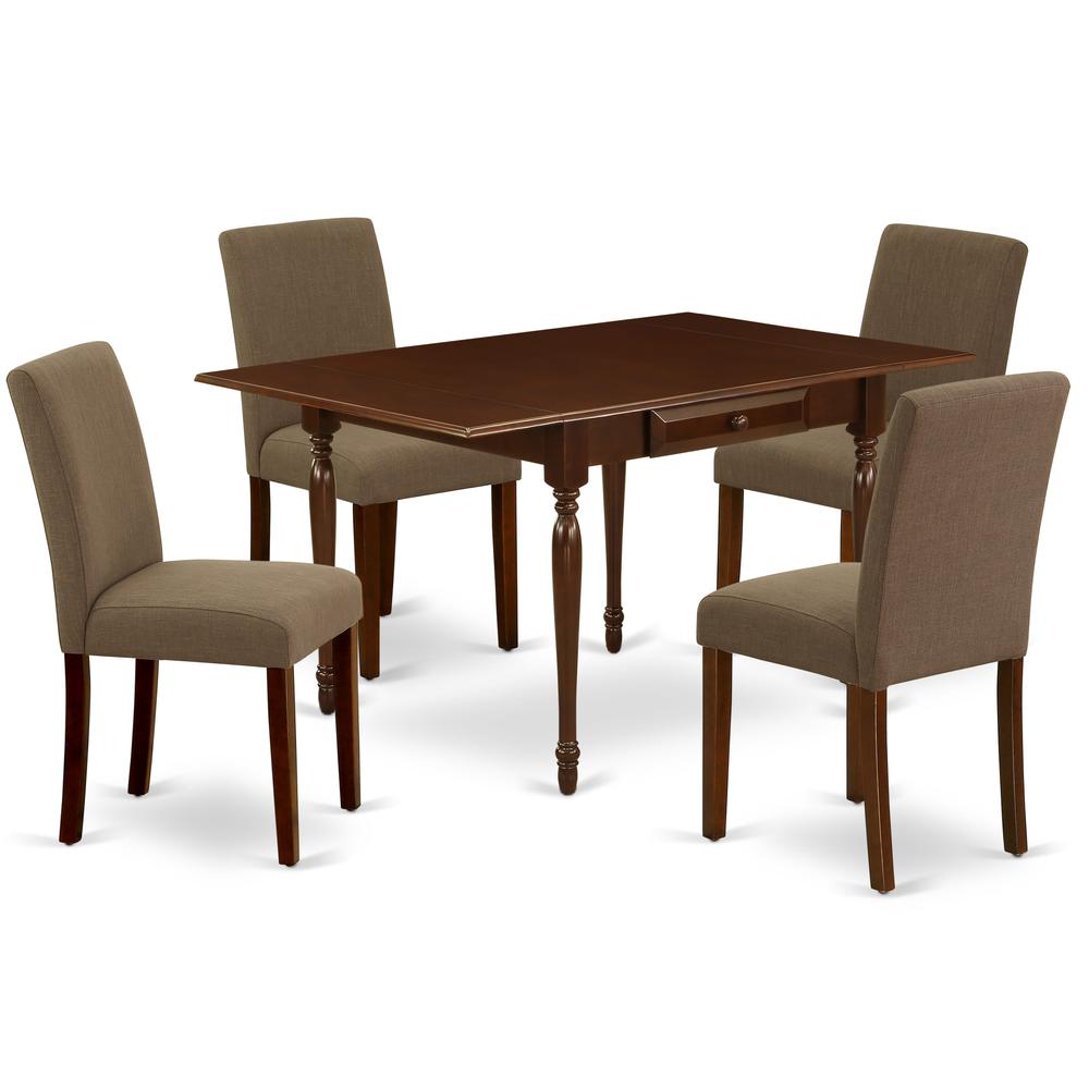 1MZAB5-MAH-18 5Pc Modern Dining Table Set Includes a Wood Dining Table and 4 Parson Chairs with Coffee Color Linen Fabric, Drop Leaf Table with Full Back Chairs, Mahogany Finish. Picture 2