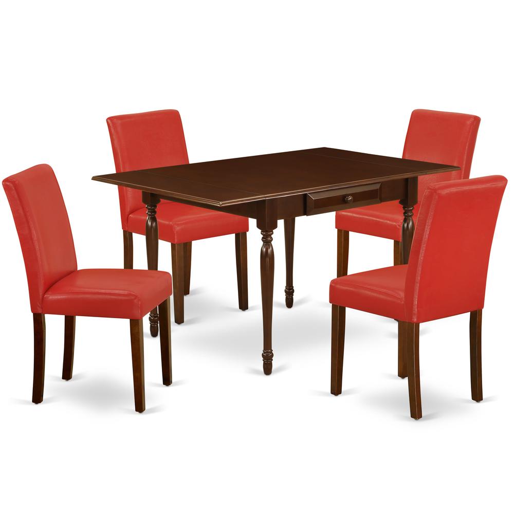 1MZAB5-MAH-72 5Pc Dining Set for 4 Includes a Dining Room Table and 4 Parsons Chairs with Firebrick Red Color PU Leather, Drop Leaf Table with Full Back Chairs, Mahogany Finish. Picture 2