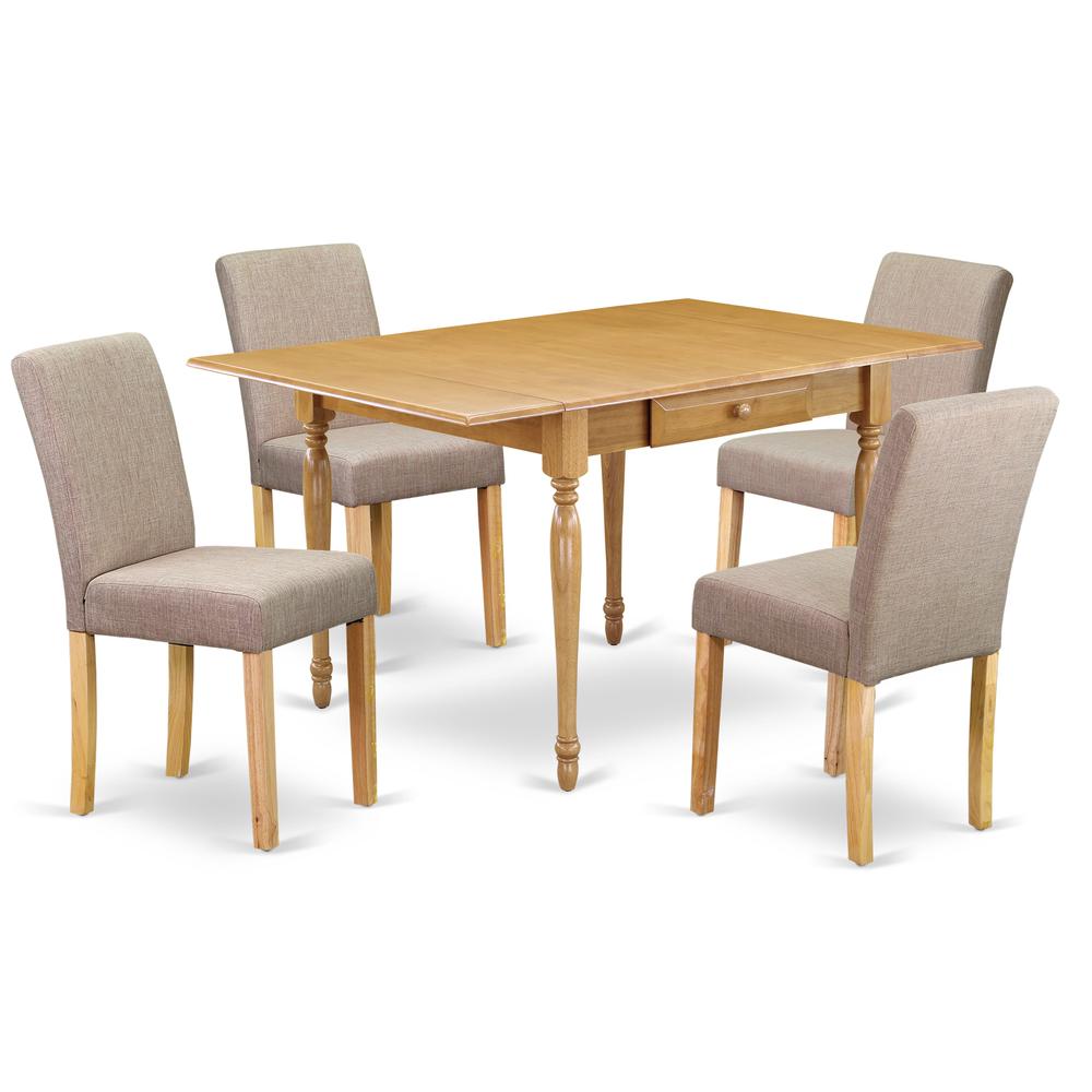 1MZAB5-OAK-04 5Pc Kitchen Table Sets Contains a Dining Room Table and 4 Parson Chairs with Light Fawn Color Linen Fabric, Drop Leaf Table with Full Back Chairs, Oak Finish. Picture 2