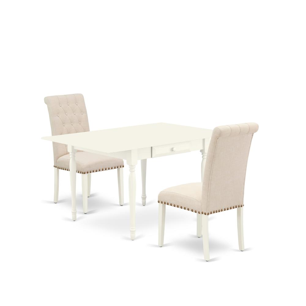 1MZBR3-LWH-02 3Pc Dining Table Set Contains a Kitchen Table and 2 Parsons Chairs with Light Beige Color Linen Fabric, Drop Leaf Table with Full Back Chairs, Linen White Finish. Picture 2