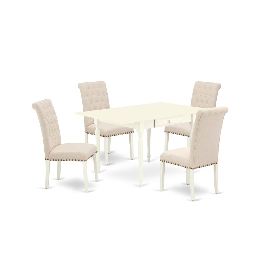 1MZBR5-LWH-02 5Pc Dinette Set Includes a Small Table and 4 Parsons Dining Chairs with Light Beige Color Linen Fabric, Drop Leaf Table with Full Back Chairs, Linen White Finish. Picture 2