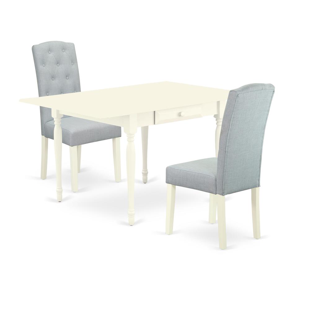 1MZCE3-LWH-15 3Pc Dining Table Set Contains a Wood Dining Table and 2 Upholstered Dining Chairs with Baby Blue Color Linen Fabric, Drop Leaf Table with Full Back Chairs, Linen White Finish. Picture 2