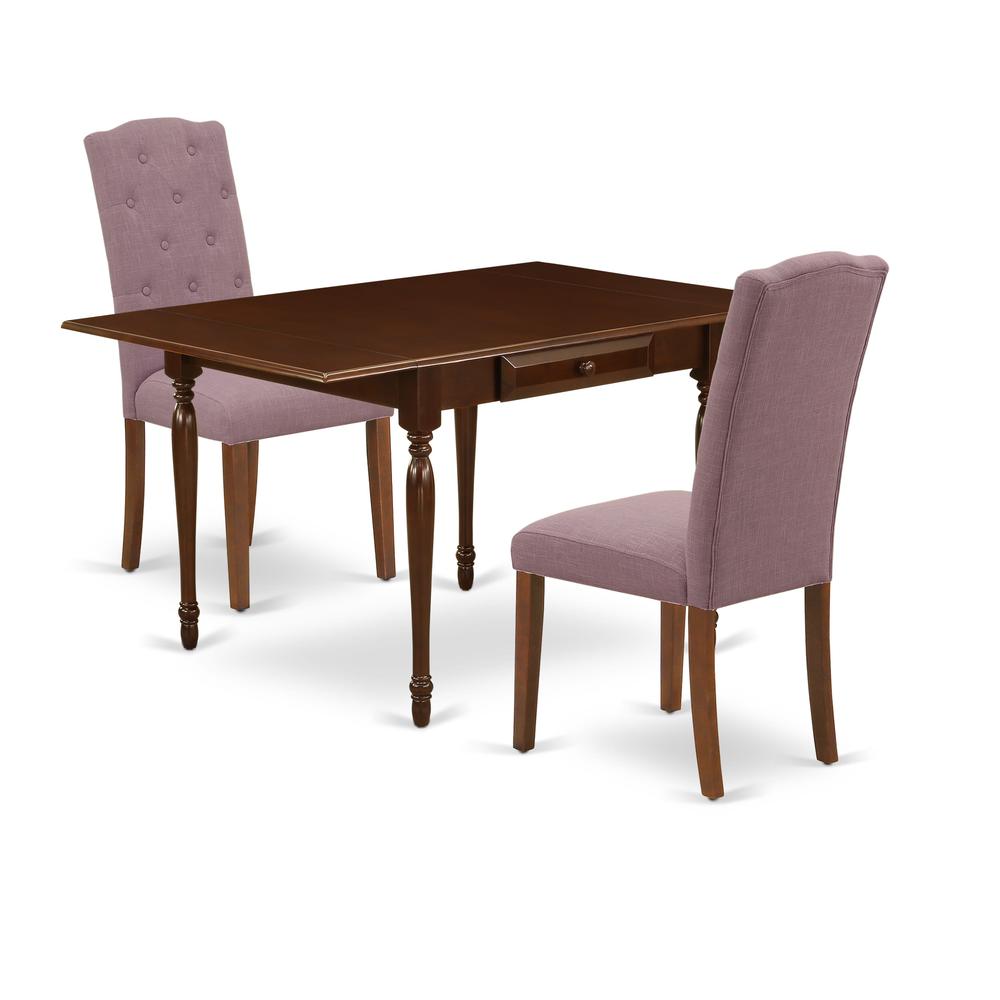 1MZCE3-MAH-10 3Pc Dining Room Table Set Offers a Modern Dining Table and 2 Parsons Dining Chairs with Dahlia Color Linen Fabric, Drop Leaf Table with Full Back Chairs, Mahogany Finish. Picture 2