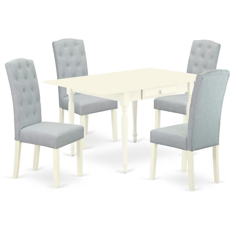 1MZCE5-LWH-15 5Pc Dinette Sets for Small Spaces Includes a Small Kitchen Table and 4 Parson Chairs with Baby Blue Color Linen Fabric, Drop Leaf Table with Full Back Chairs, Linen White Finish. Picture 2