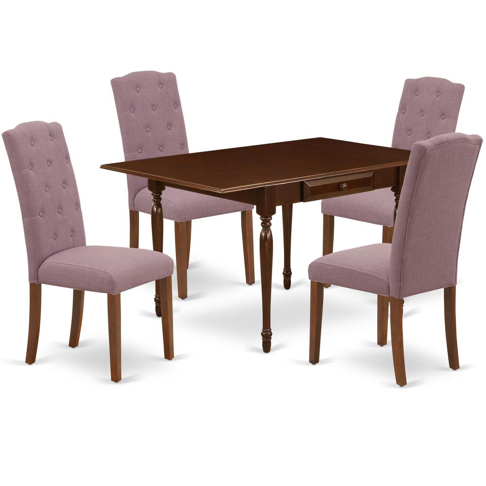 1MZCE5-MAH-10 5Pc Dinette Set Offers a Wood Table and 4 Parsons Dining Chairs with Dahlia Color Linen Fabric, Drop Leaf Table with Full Back Chairs, Mahogany Finish. Picture 2