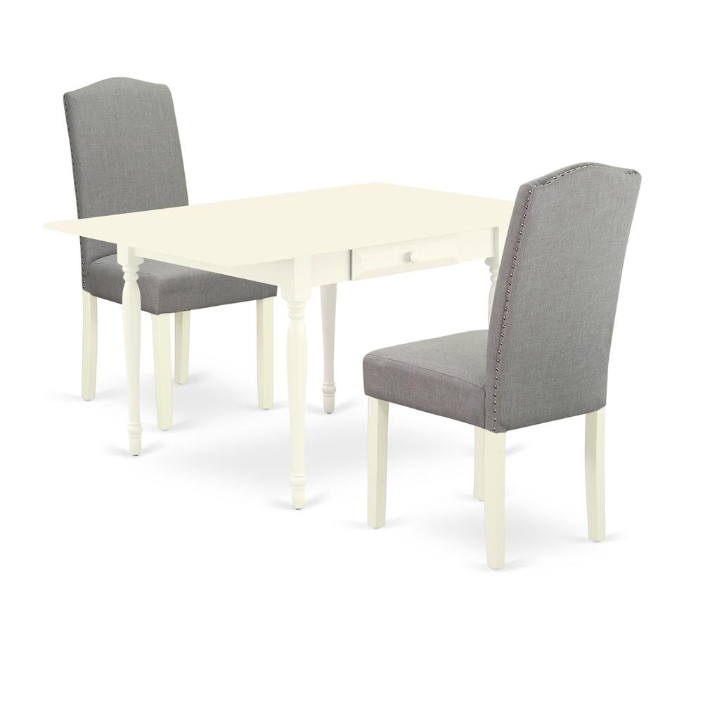 1MZEN3-LWH-06 3Pc Dining Table Set Contains a Wood Dining Table and 2 Parsons Chairs with Shitake Color Linen Fabric, Drop Leaf Table with Full Back Chairs, Linen White Finish. Picture 2