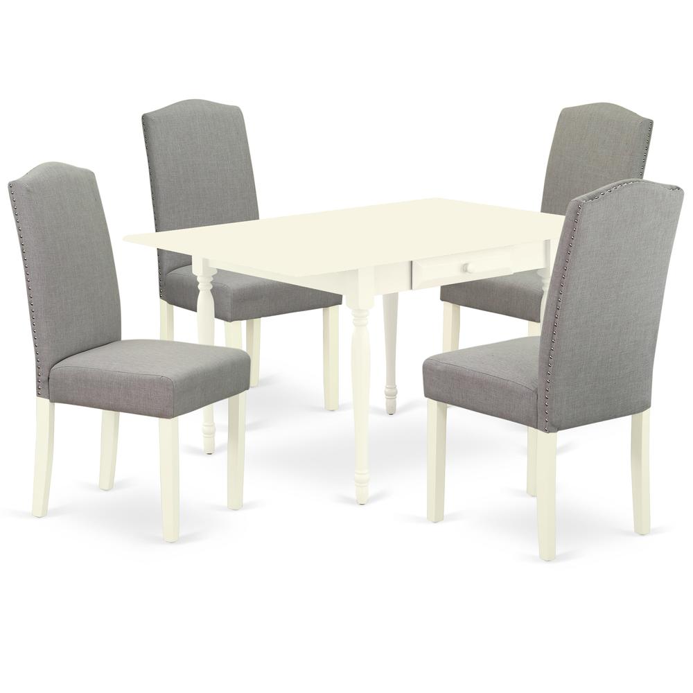 1MZEN5-LWH-06 5Pc Modern Dining Table Set Contains a Wood Dining Table and 4 Parsons Chairs with Shitake Color Linen Fabric, Drop Leaf Table with Full Back Chairs, Linen White Finish. Picture 2