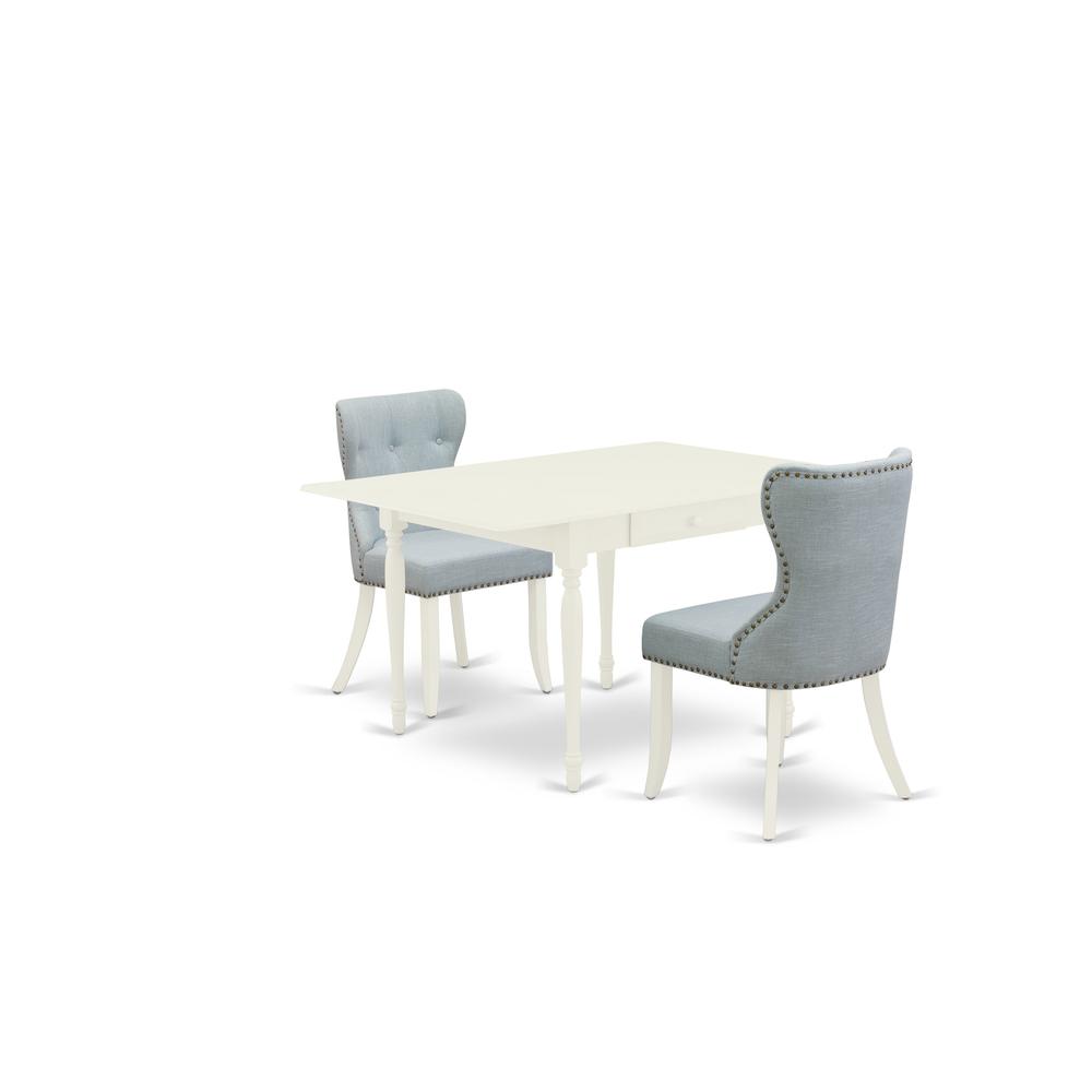 East-West Furniture MZSI3-LWH-15 - A dinette set of two fantastic parson dining chairs with Linen Fabric Baby Blue color and a wonderful drop leaf rectangle dining room table with Linen White color. Picture 1
