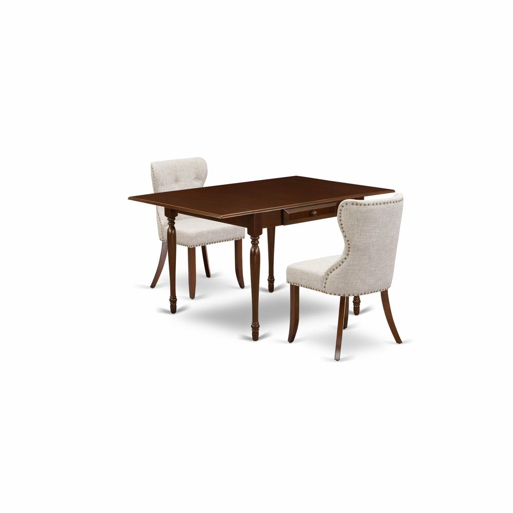 East-West Furniture MZSI3-MAH-35 - A dining set of two excellent kitchen chairs using Linen Fabric Doeskin color and an attractive dining table with Mahogany Finish. Picture 1